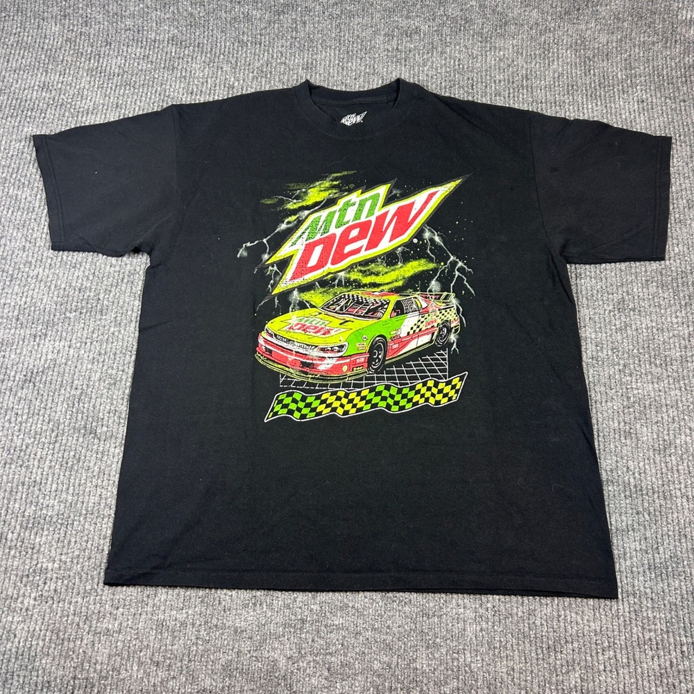 Mountain Dew Graphic Shirt Mens Large Black Racing Car‎ Lightning Vintage